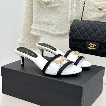 Chanel Classic Rhinestone Double C Bow Kitten Heel Slippers White In Leather 615819