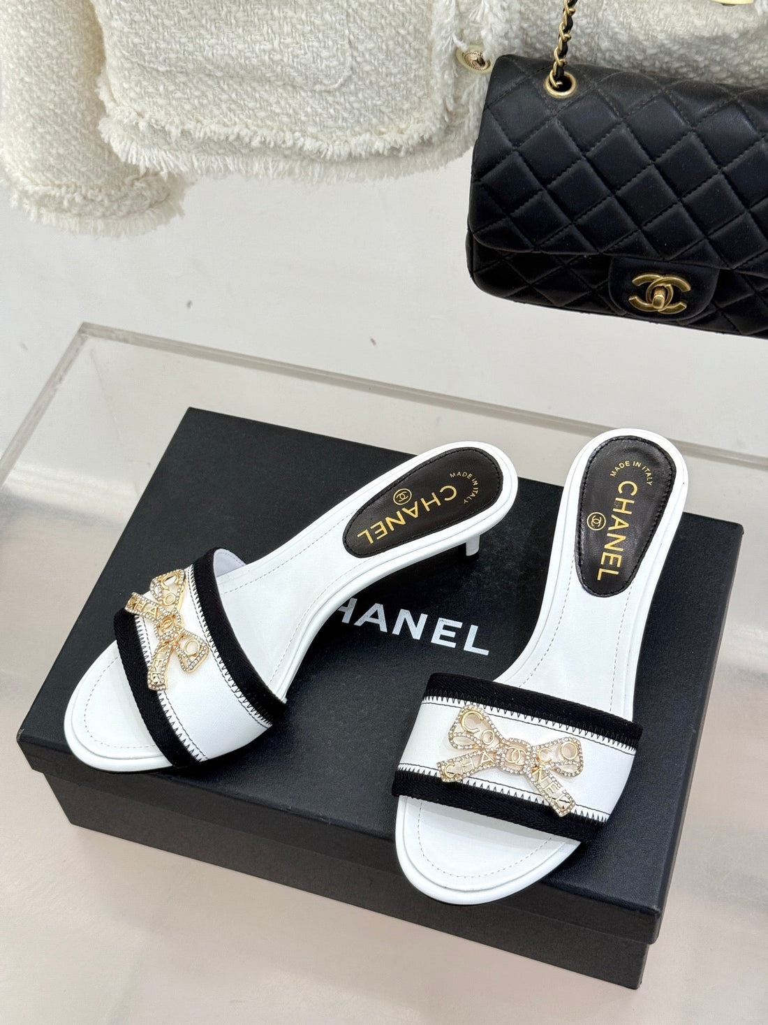 Chanel Classic Rhinestone Double C Bow Kitten Heel Slippers White In Leather 615819