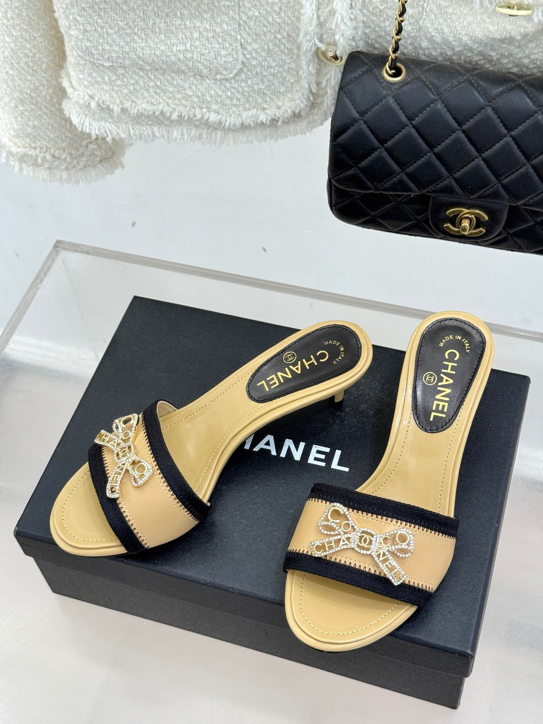 Chanel Classic Rhinestone Double C Bow Kitten Heel Slippers Beige In Leather 615818
