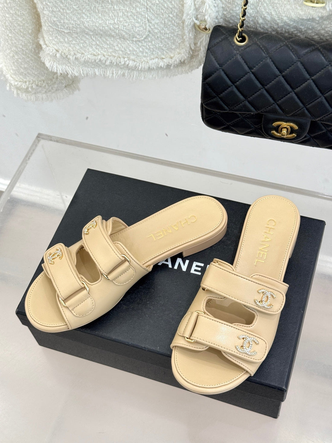 Chanel 26C Double C Backpack Buckle Velcro Slippers Beige In Lambskin 615794