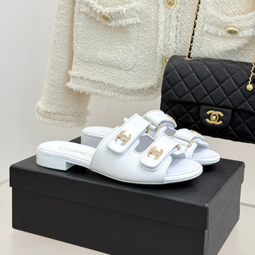 Chanel 26C Double C Backpack Buckle Velcro Slippers White In Lambskin 615792