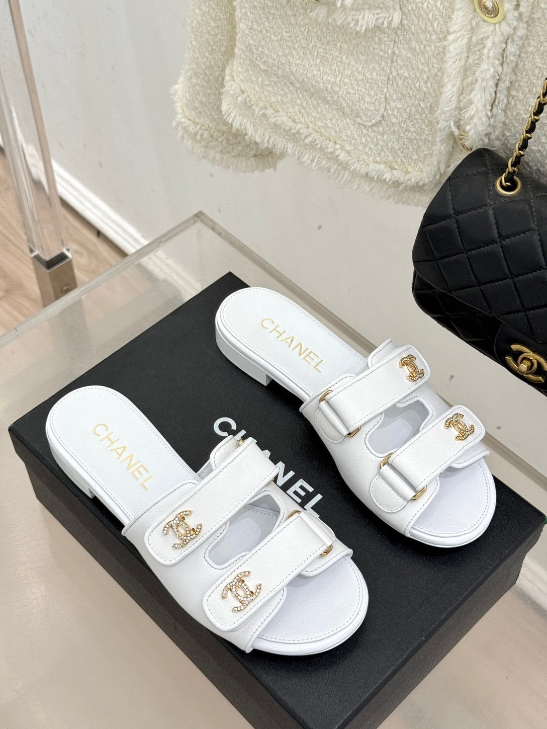 Chanel 26C Double C Backpack Buckle Velcro Slippers White In Lambskin 615792