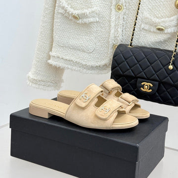 Chanel 26C Double C Backpack Buckle Velcro Slippers Beige In Suede 615791