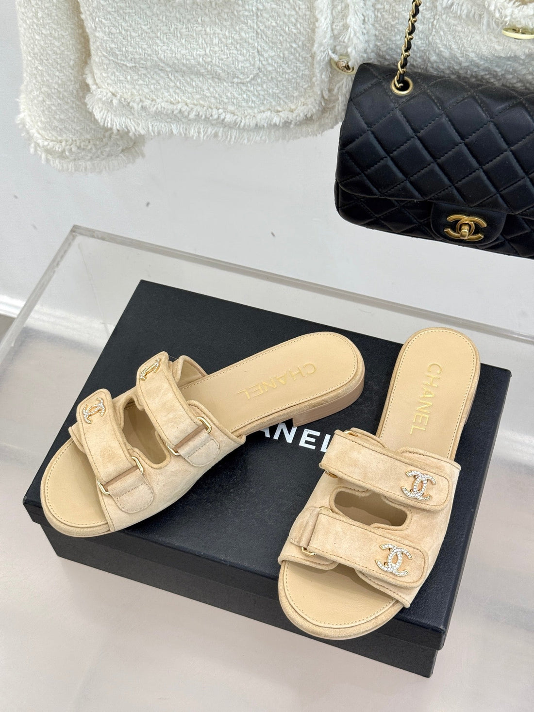 Chanel 26C Double C Backpack Buckle Velcro Slippers Beige In Suede 615791