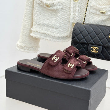 Chanel 26C Double C Backpack Buckle Velcro Slippers Burgundy In Suede 615790