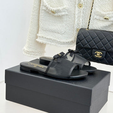 Chanel 26C Double C Bow Slippers Black In Mesh 615711