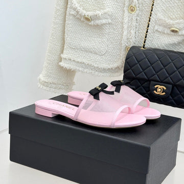 Chanel 26C Double C Bow Slippers Pink In Mesh 615710