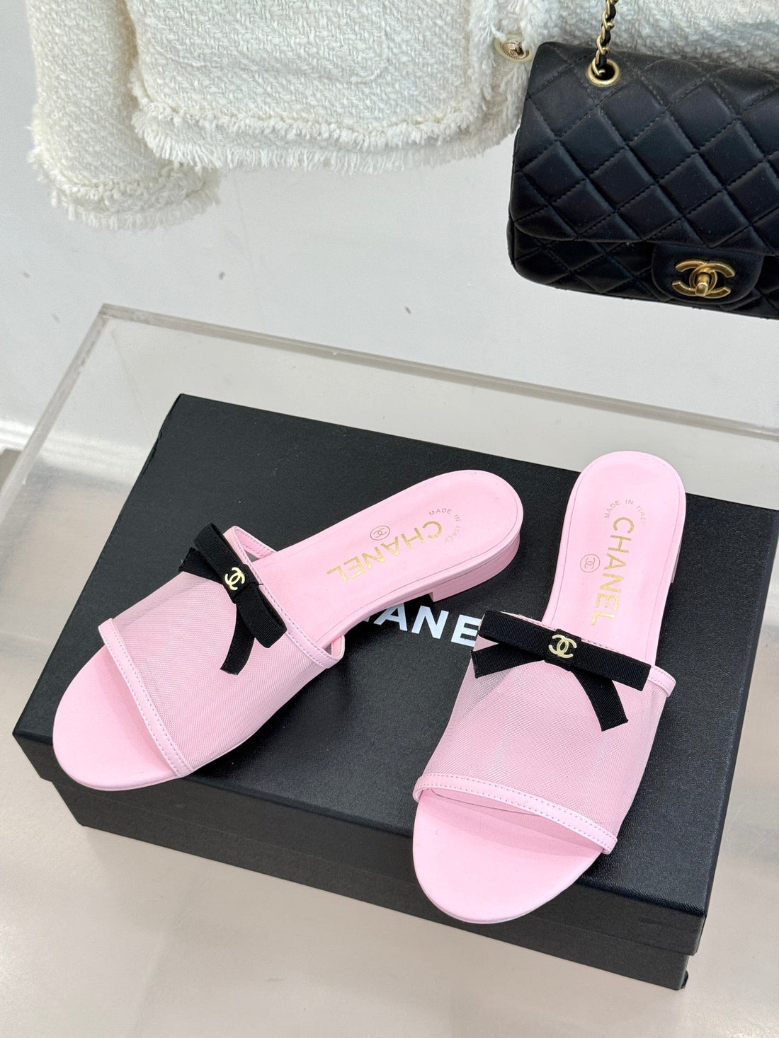 Chanel 26C Double C Bow Slippers Pink In Mesh 615710