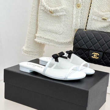 Chanel 26C Double C Bow Slippers White In Mesh 615709