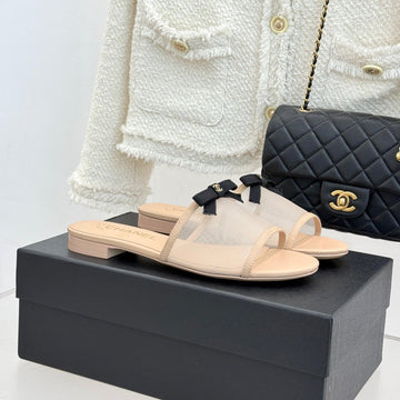Chanel 26C Double C Bow Slippers Beige In Mesh 615708