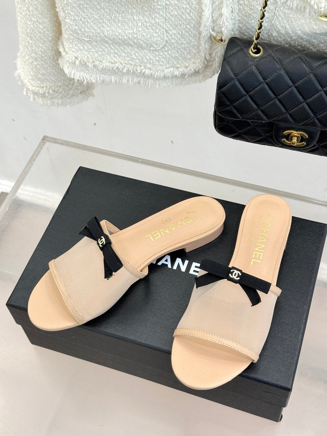 Chanel 26C Double C Bow Slippers Beige In Mesh 615708