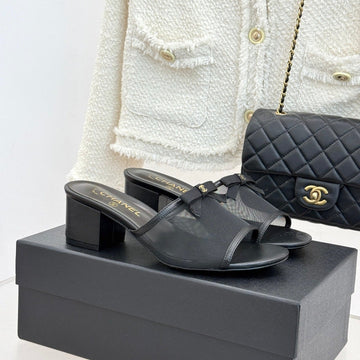 Chanel 26C Double C Bow Slippers High Heel Black In Mesh 615707