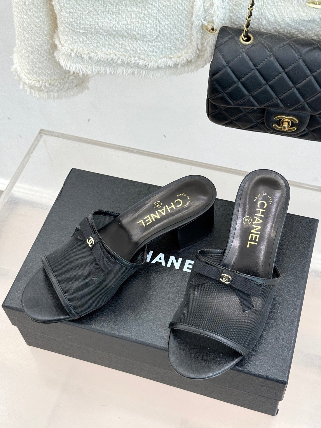Chanel 26C Double C Bow Slippers High Heel Black In Mesh 615707