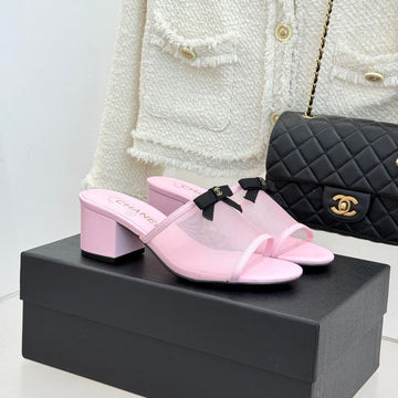 Chanel 26C Double C Bow Slippers High Heel Pink In Mesh 615706