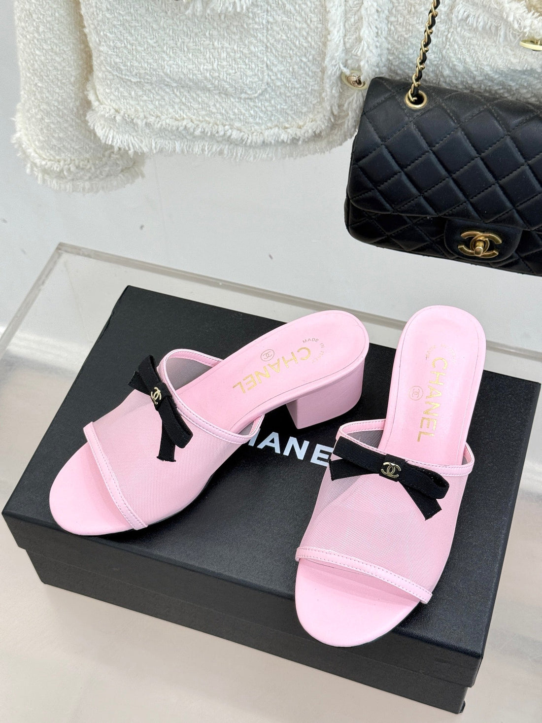 Chanel 26C Double C Bow Slippers High Heel Pink In Mesh 615706
