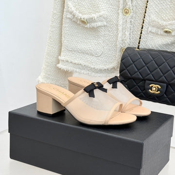 Chanel 26C Double C Bow Slippers High Heel Beige In Mesh 615705