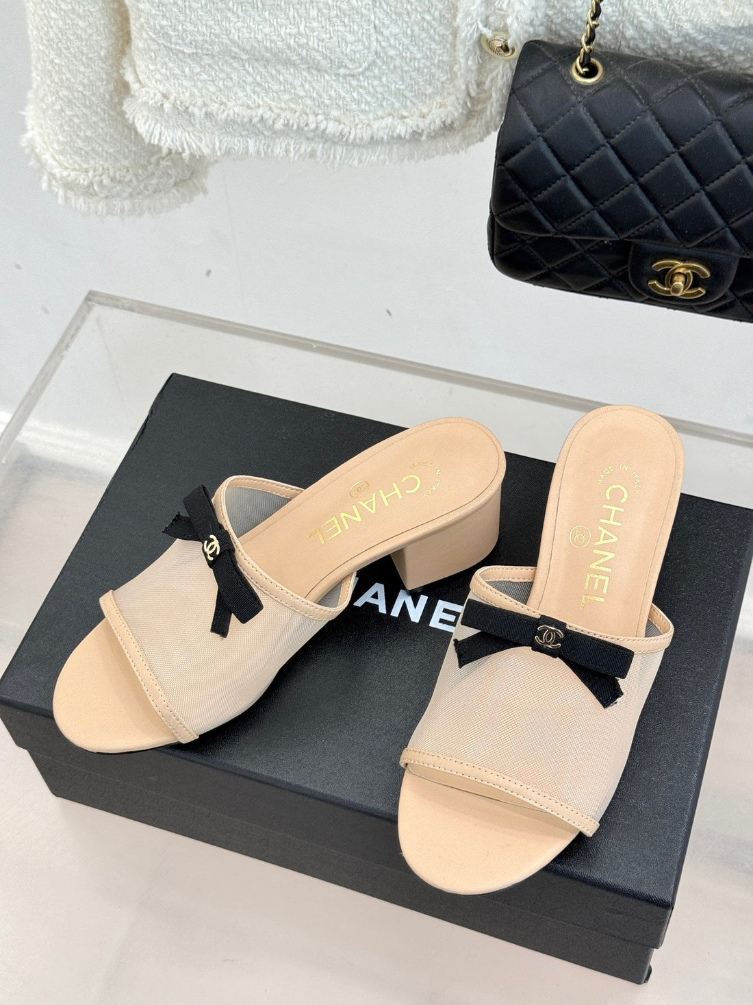 Chanel 26C Double C Bow Slippers High Heel Beige In Mesh 615705