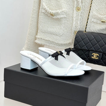 Chanel 26C Double C Bow Slippers High Heel White In Mesh 615704
