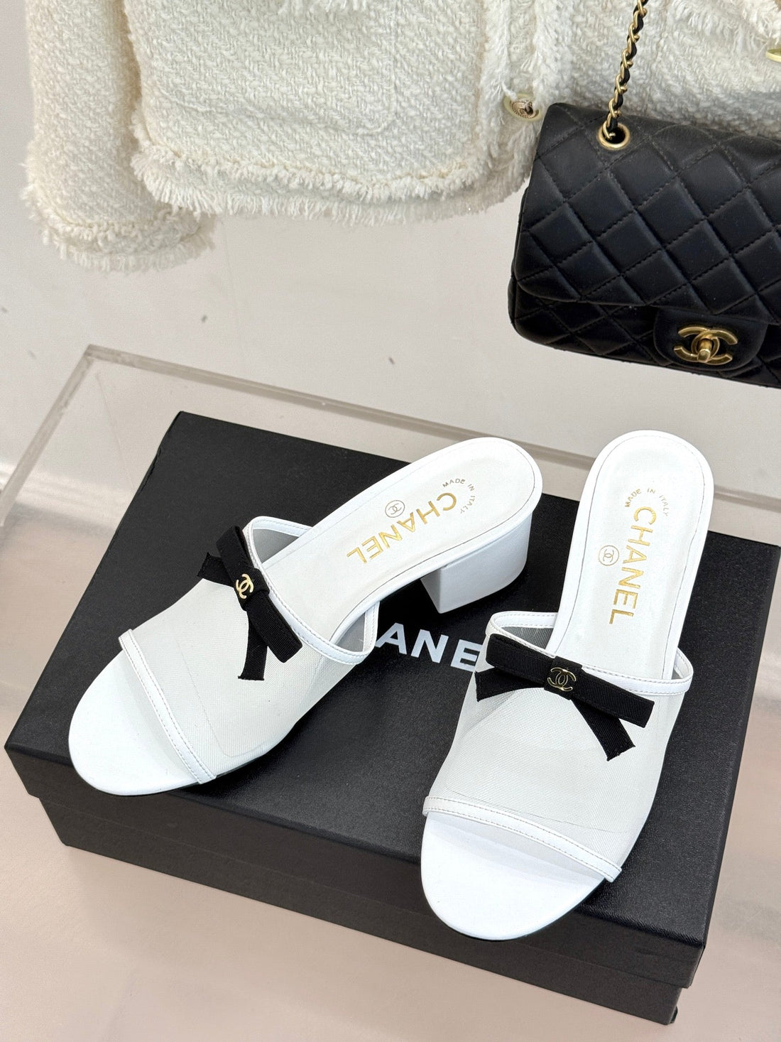 Chanel 26C Double C Bow Slippers High Heel White In Mesh 615704