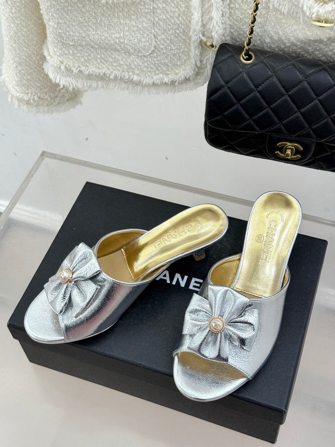 CC 26S Bow Slippers High Heel 35MM Silver Metallic Satin Sheepskin 615748