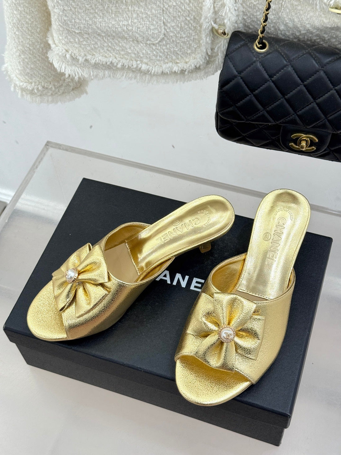 CC 26S Bow Slippers High Heel 35MM Gold Metallic Satin Sheepskin 615746