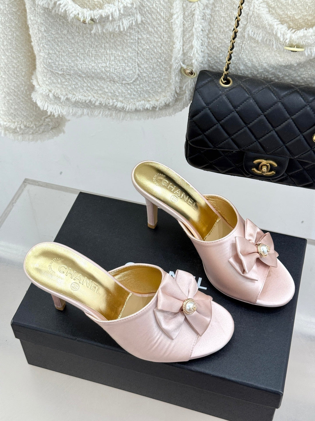 CC 26S Bow Slippers High Heel 75MM Pink Satin Sheepskin 615743