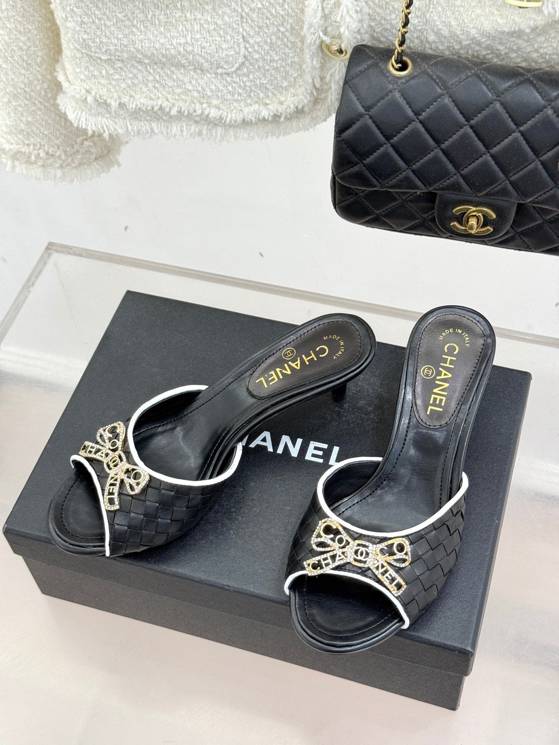 CC Classic Rhinestone Double C Bow Kitten Heel Slippers Black In Cowhide Weaving 615817