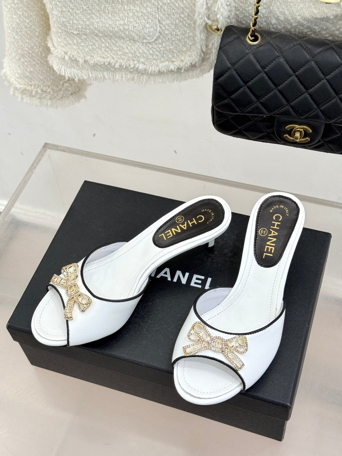 CC Classic Rhinestone Double C Bow Kitten Heel Slippers White In Cowhide 615816