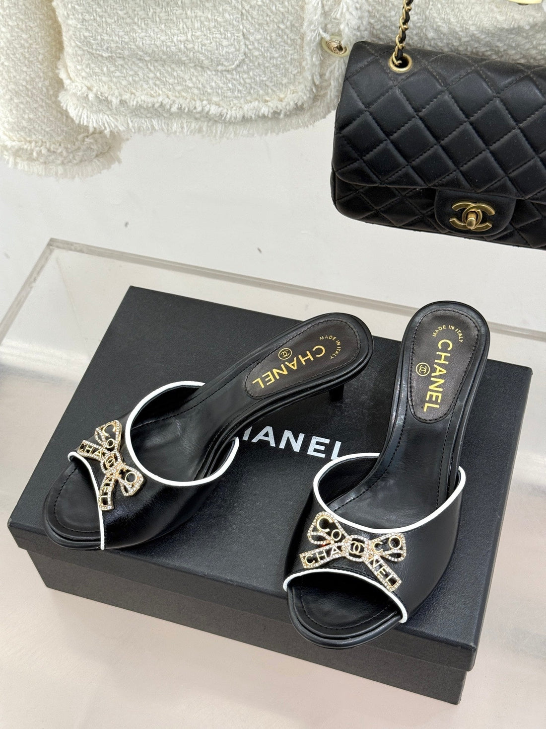 CC Classic Rhinestone Double C Bow Kitten Heel Slippers Black In Cowhide 615815