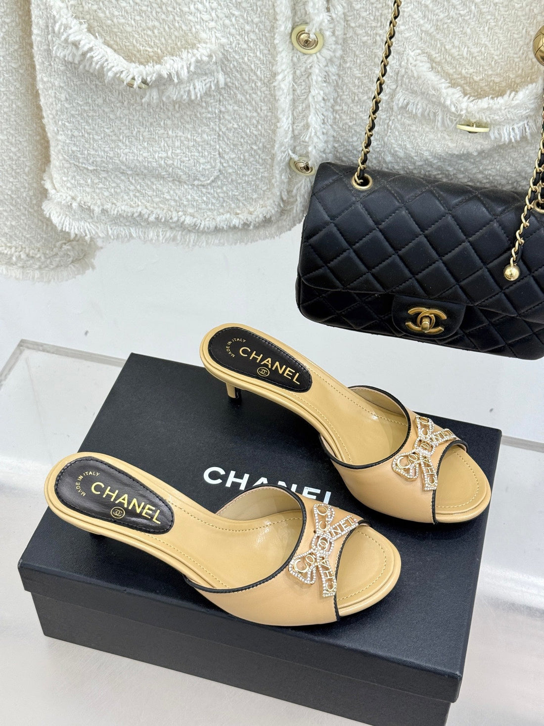 CC Classic Rhinestone Double C Bow Kitten Heel Slippers Beige In Cowhide 615814