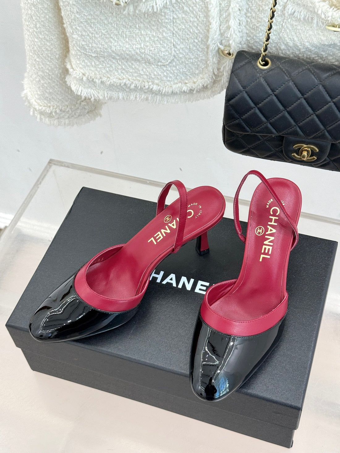 Chanel 26C Open-Back High-Heel Sandals Red Black In Leather 615702