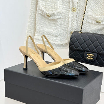 Chanel 26C Open-Back High-Heel Sandals Beige Black In Leather 615701