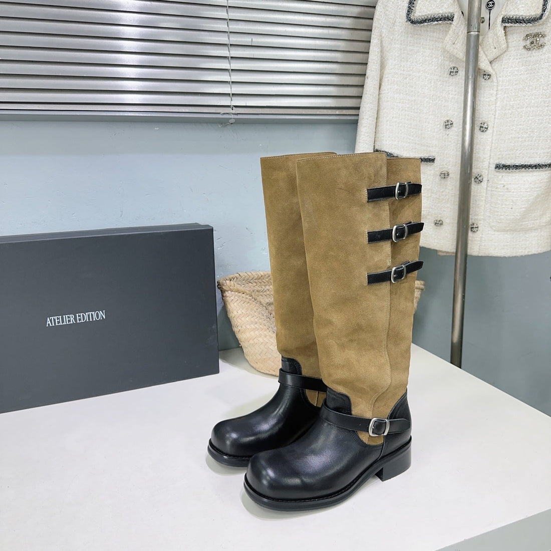 Atelier Edition 26SS Retro Buckled Round Toe Color Block Long Boots Camel Black In Calfskin And Suede