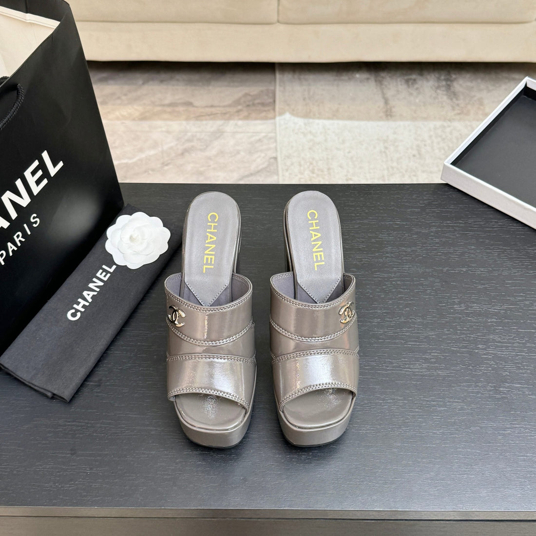 Chanel 2026 Runway Platform High-Heeled 12.5cm Sandals Gray In Cowhide 673060