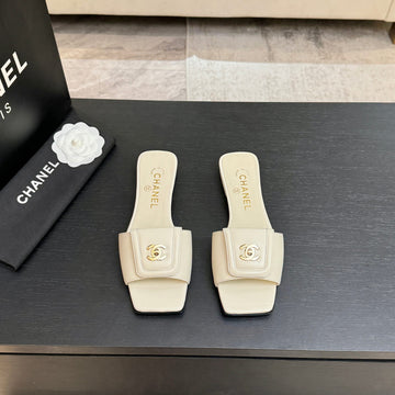 Chanel 26C Double C Buckle Square Toe Slippers Cream In Lambskin 673031