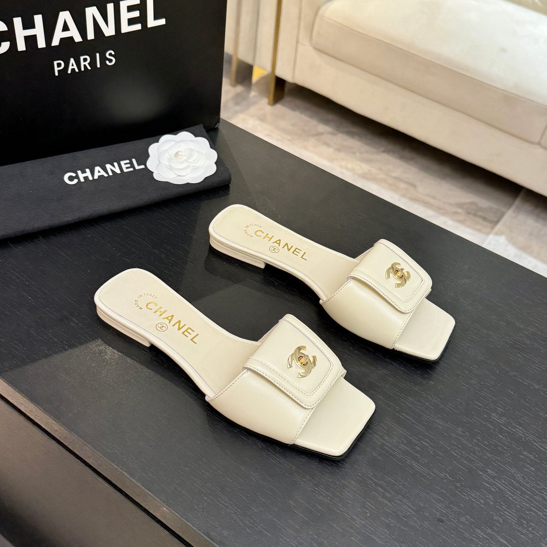 Chanel 26C Double C Buckle Square Toe Slippers Cream In Lambskin 673031