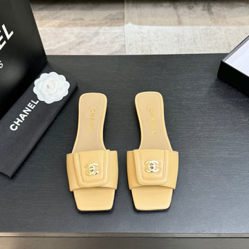 Chanel 26C Double C Buckle Square Toe Slippers Beige In Lambskin 673030