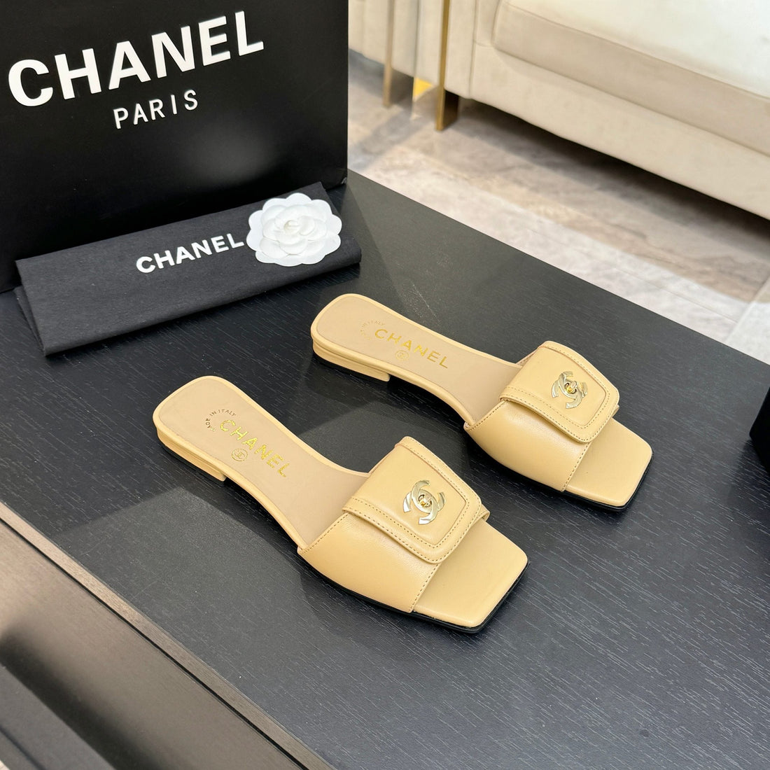 Chanel 26C Double C Buckle Square Toe Slippers Beige In Lambskin 673030