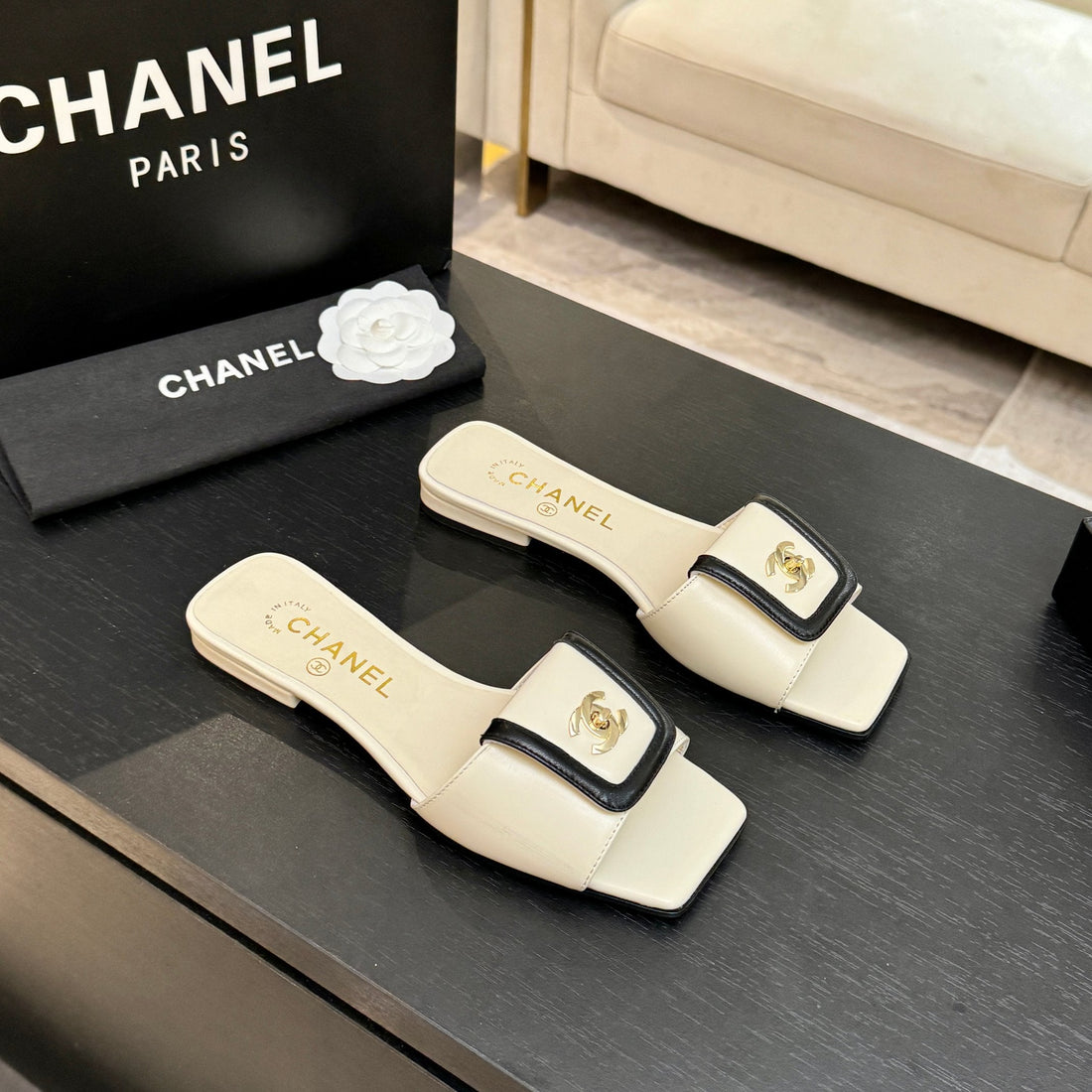 Chanel 26C Double C Buckle Square Toe Slippers Cream Black In Lambskin 673029