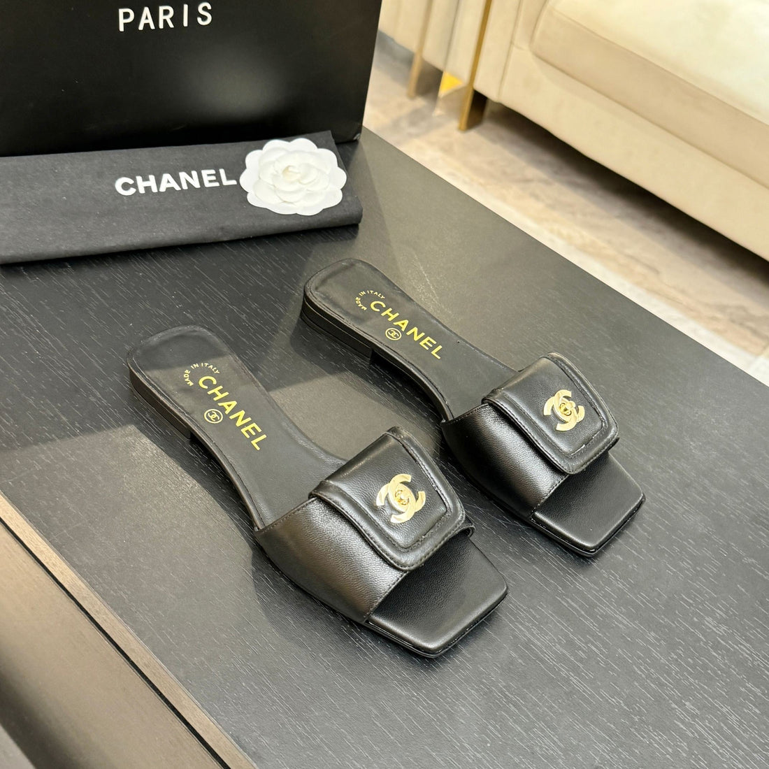 Chanel 26C Double C Buckle Square Toe Slippers Black In Lambskin 673028