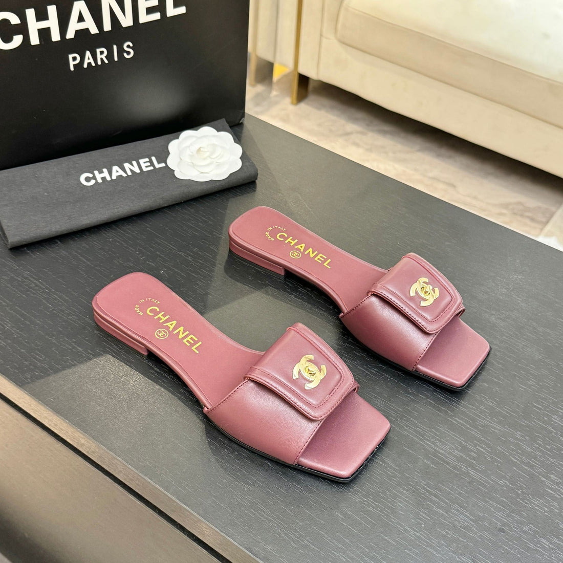 Chanel 26C Double C Buckle Square Toe Slippers Burgundy In Lambskin 673025