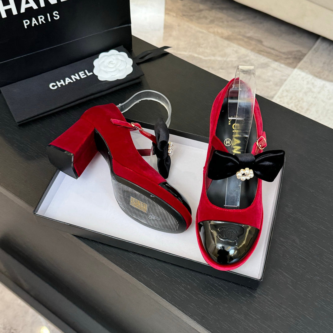 Chanel KJ26 Mary Janes Heel 2.5cm With Bow Red In Velvet 673011