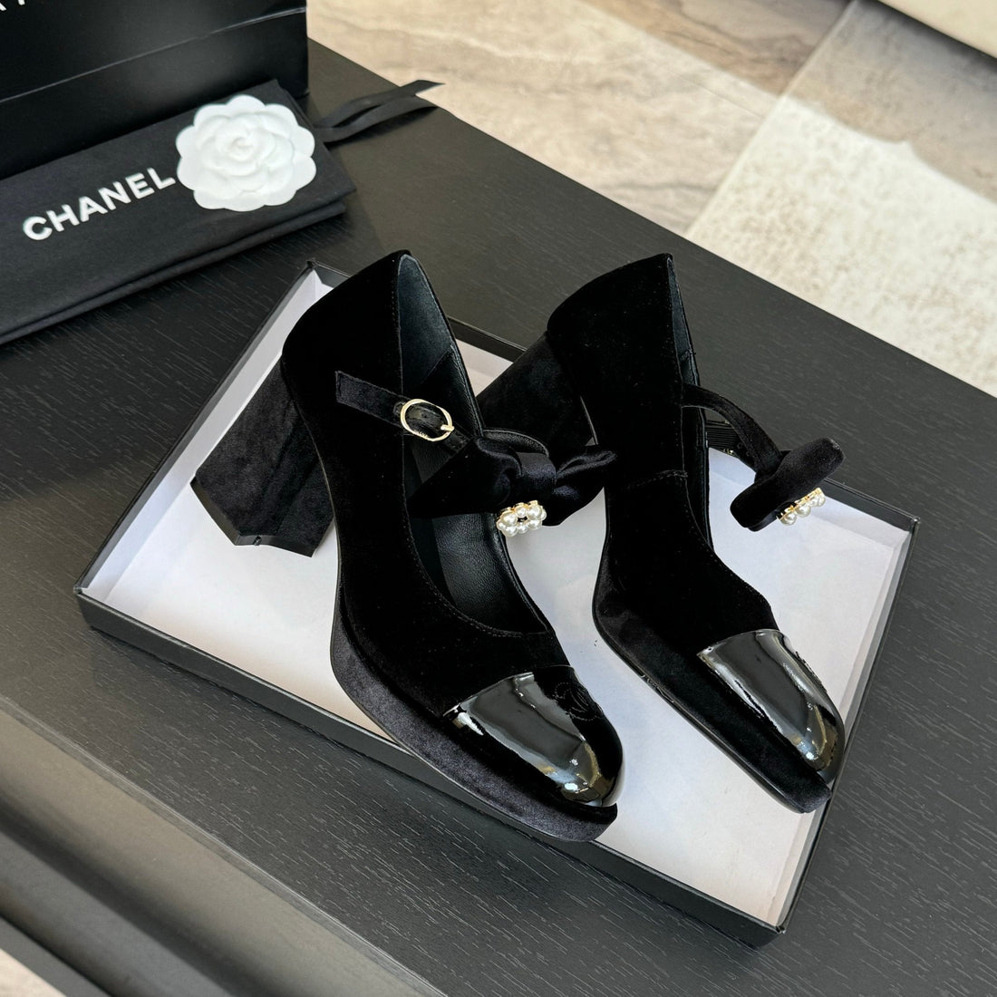 Chanel KJ26 Mary Janes Heel 2.5cm With Bow Black In Velvet 673010