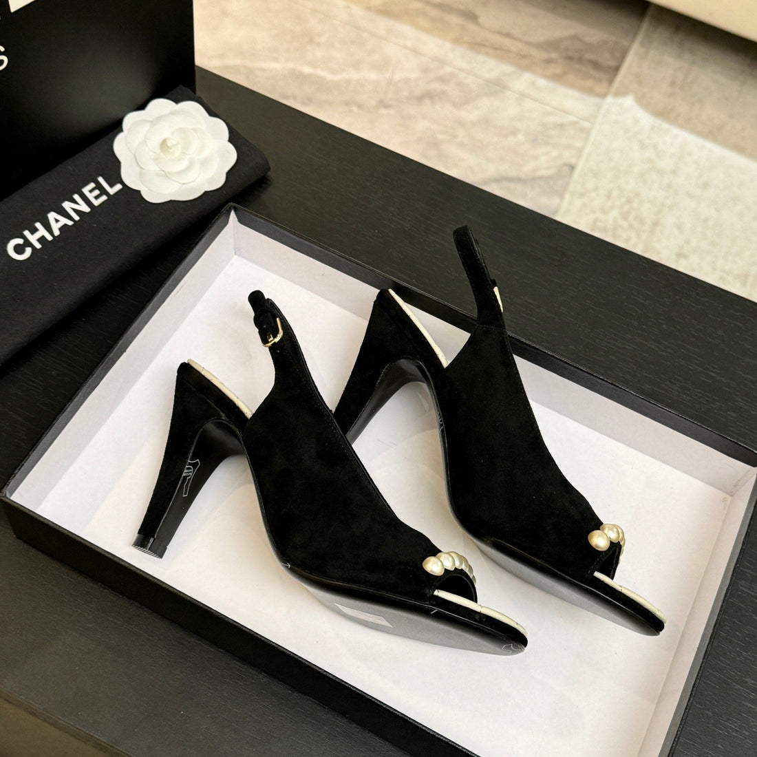 Chanel 26A Slingback Black In Velvet 672992