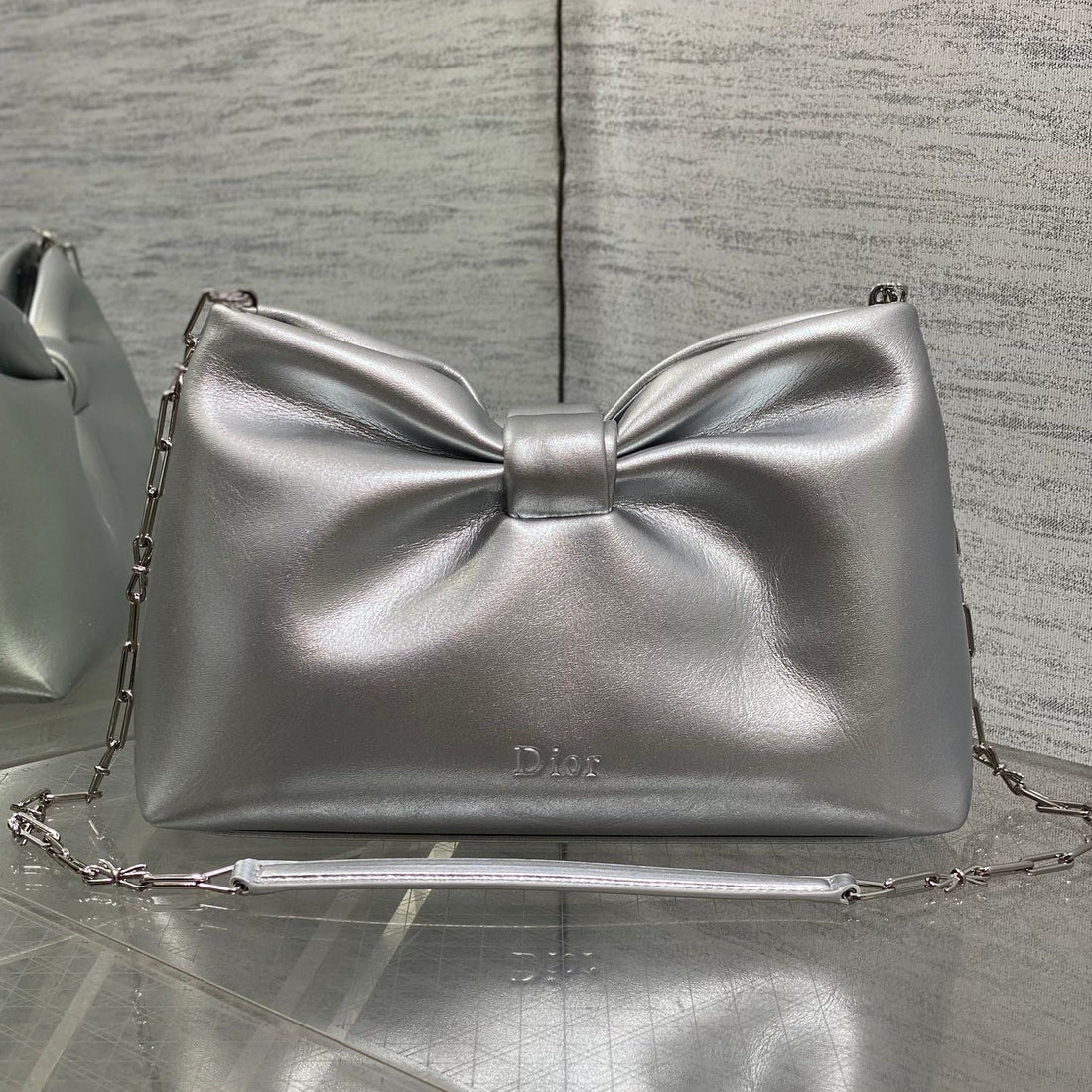 Dior 26 Bow Chain Bag In Silver Lambskin
