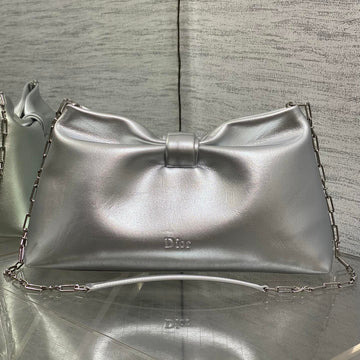 Dior 26 Bow Chain Bag In Silver Lambskin