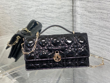 Dior 26 Bow Pearl Chain Clutch In Black Glossy Lambskin Ghw