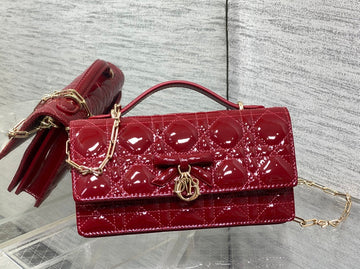 Dior 26 Bow Pearl Chain Clutch In Red Glossy Lambskin Ghw