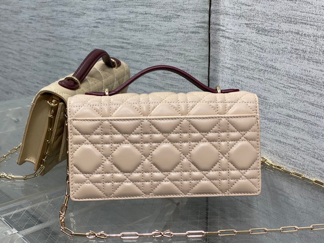 Dior 26 Bow Pearl Chain Clutch Two Tone Beige Burgundy Lambskin Ghw