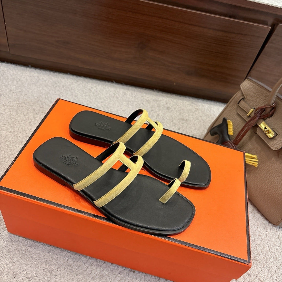 Hermes Georgia Sandals Lemon Yellow In Suede 685983
